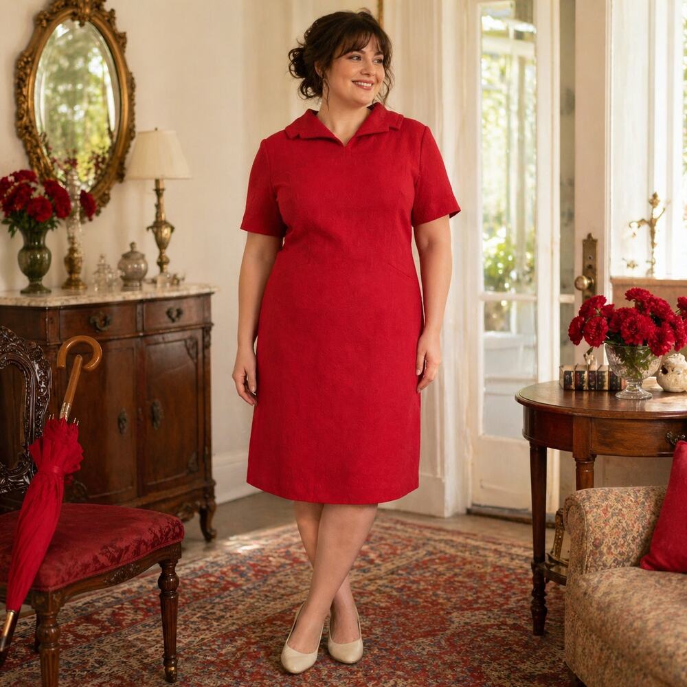 1960s Handmade Red Textured Shift Dress Short Sleeve Day Dress - L